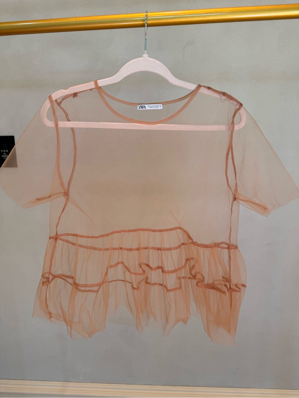 Zara Sheer Ruffle-Hem Short Sleeve Top in Peachy Nude